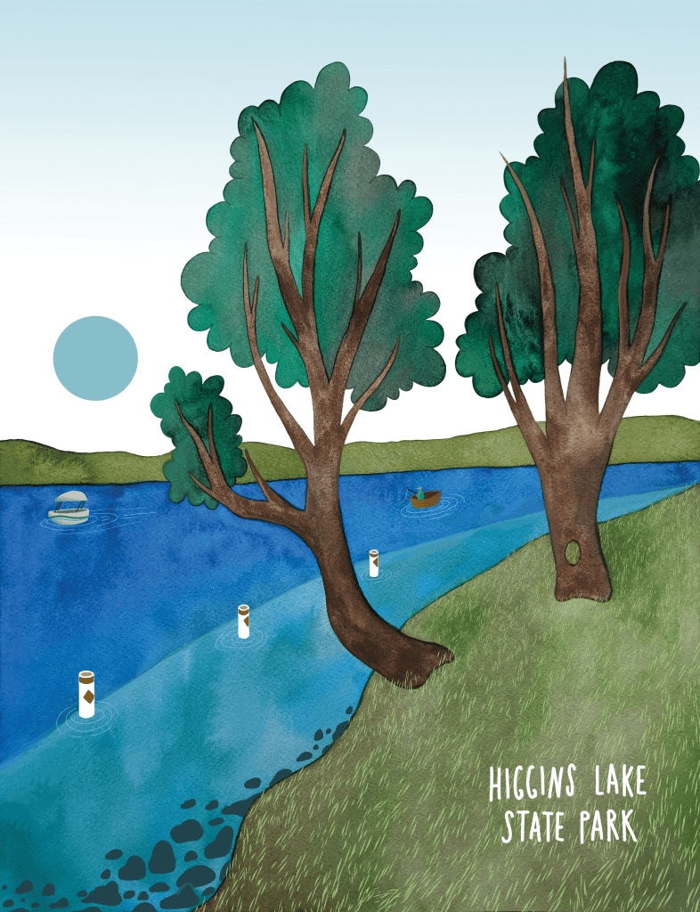 Higgins Lake State Park illustration made with watercolor and digital paint by Carolyn Whittico
