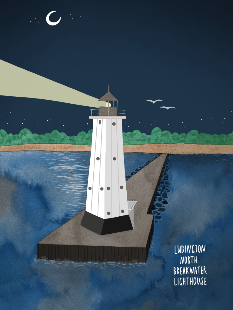 Ludington Breakwater Lighthouse illustration by Carolyn Whittico