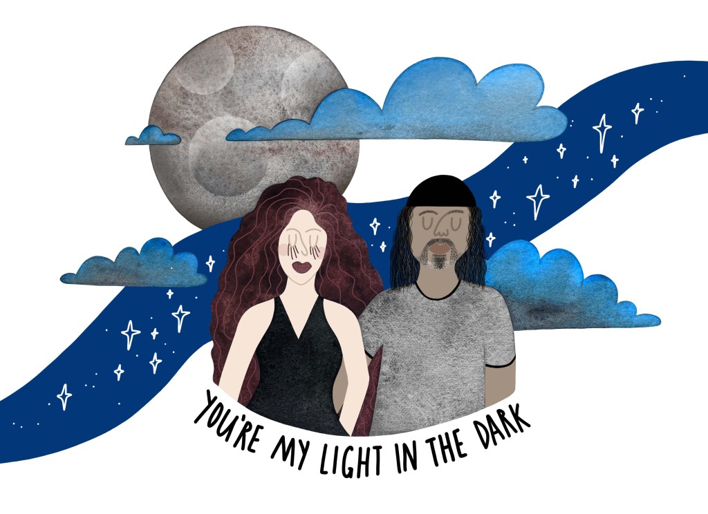 An old-soul hippie couple portrait surrounded by moon and stars by Carolyn Whittico