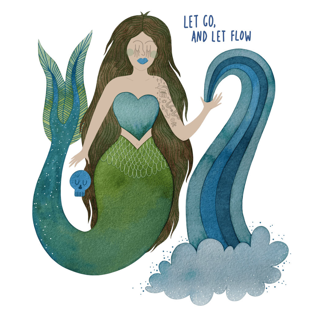 Mermaid illustration with a skull and flowing water by Carolyn Whittico
