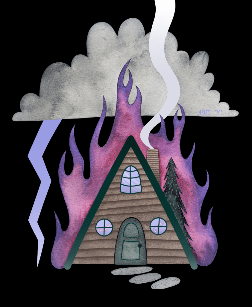 aries house on fire illustration by Carolyn Whittico