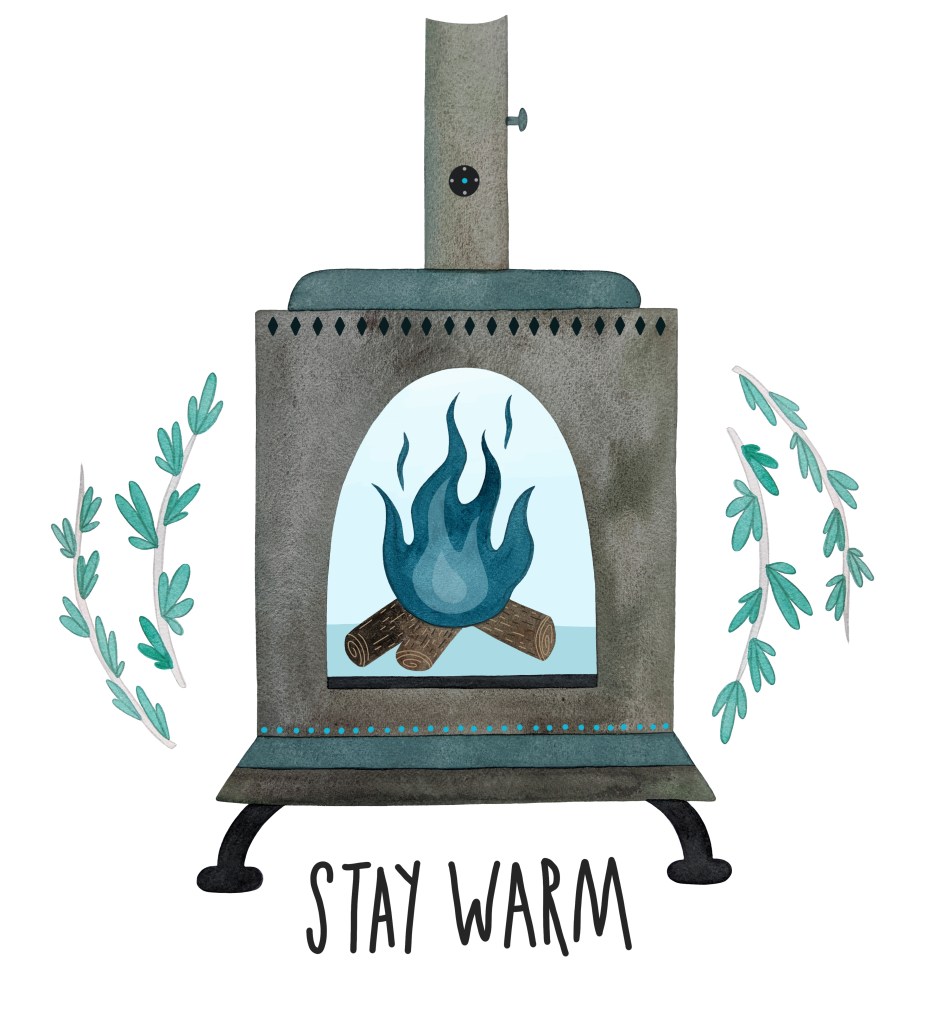blue fireplace woodburner illustration by Carolyn Whittico in watercolor