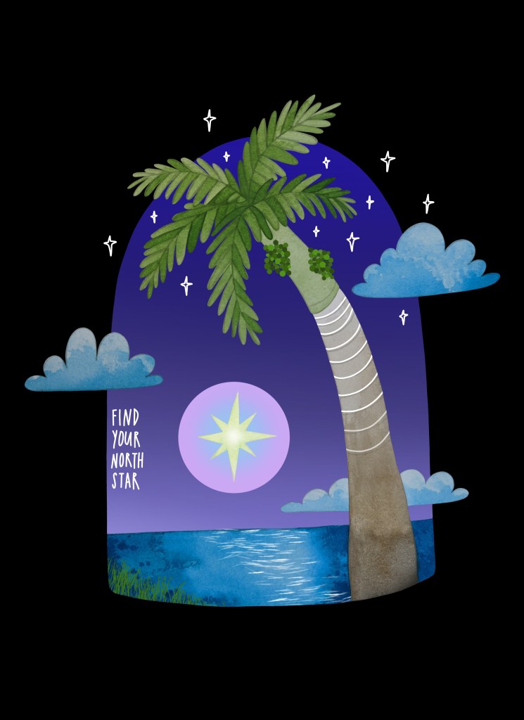 Magical island illustration by Carolyn Whittico that says find your north star