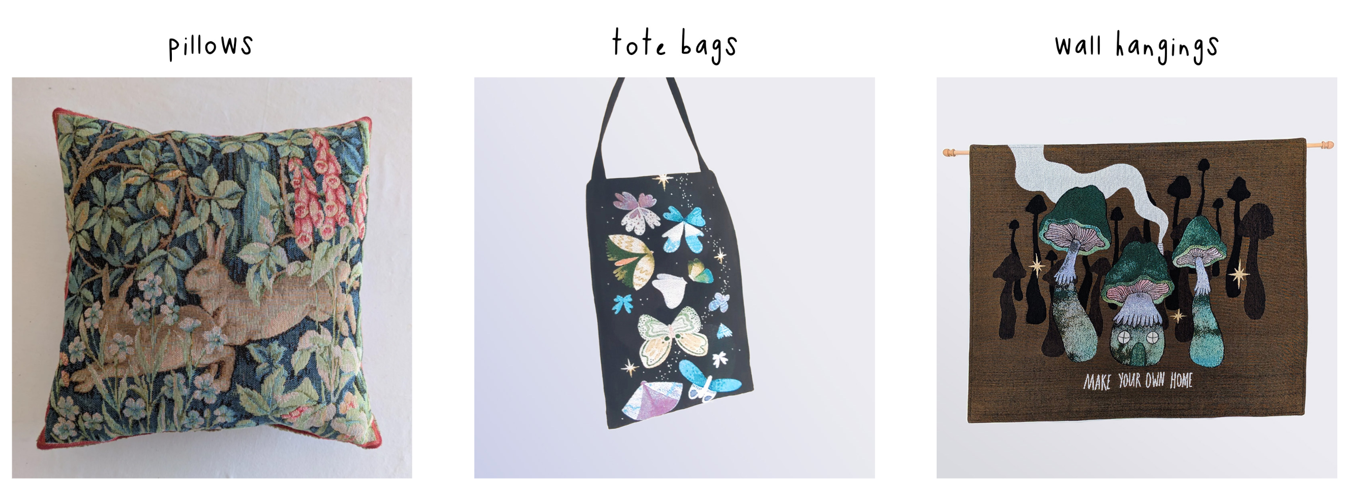 pillows, tote bags, wall hangings by carolyn tantanella